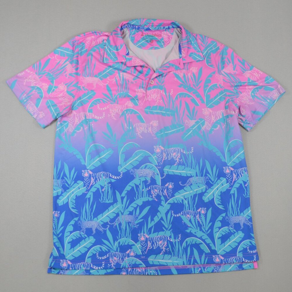 Chubbies Tiger Print Hydrofoil Performance Polo Pink Blue Golf Medium - Picture 2 of 13